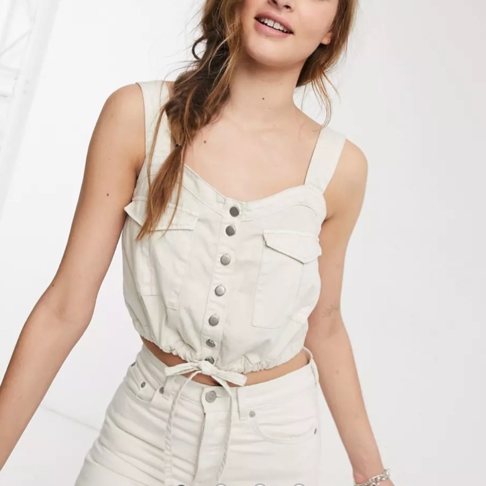 New Free People cream denim drawstring crop tank top - Picture 3 of 13